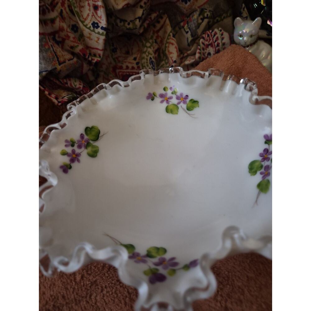 Fenton Silver Crest Violets in the Snow Hand Painted Signed Compote - Picture 2 of 3